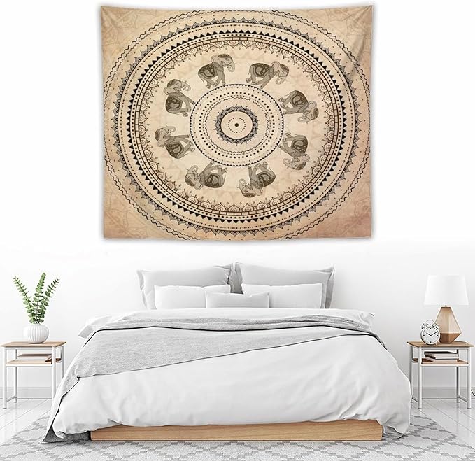 AAVEUP Indian Hippie Bohemian Psychedelic Tapestry Bohemian Brown Abstract Geometric Mandala Flower Vintage Elephant Texture Tapestries for Bedroom Dorm Living Room Decor 50x60in