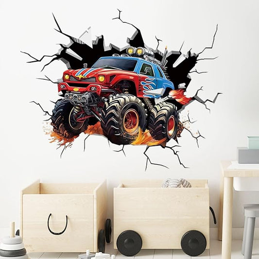 3D Racing Cars Wall Decals Removable Peel and Stick Window Clings 1 Large Trucks for Kids Bedroom, Boys Room, Playroom Decor