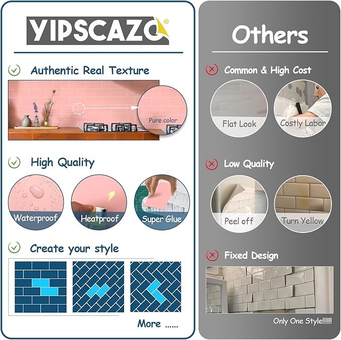 Yipscazo Peel and Stick backsplash 3 x 6 Inches 3D PVC Composite Wall Tile Stick on Backsplash Tile for Kitchen Bathroom, Laundry Room, Fireplace(Pink, 160 Pieces)