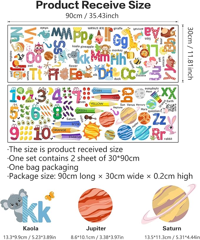 Animal Alphabet Numbers Colour Decals Stickers, ULENDIS ABC Letters Pens Space Planets Educational Wall Decals, Peel and Stick Removable Wall Decors for Toddlers Classroom Bedroom Nursery Playroom