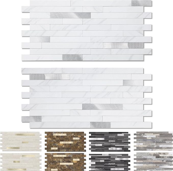Yipscazo 20 Sheets Peel and Stick Stone Metal Backsplash, PVC Wall Tiles Stick on Tiles for Backsplash Kitchen, Bathroom, Laundry Room, Camper, Fireplace
