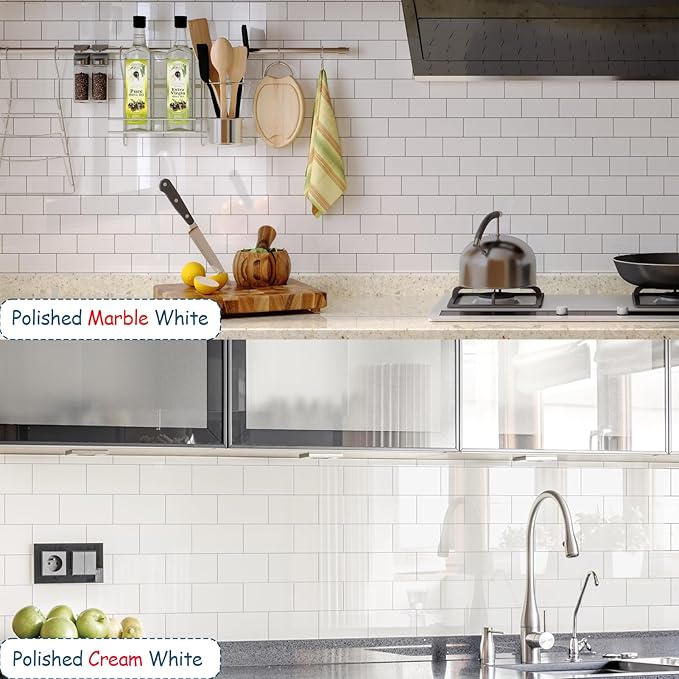 20-Pack Peel and Stick Tile Backsplash 11.8"X11.8" PVC Wall Tiles, Stick on Backsplash for Kitchen, Bathroom Tile, Fireplace, Laundry Table in Polished Marble White