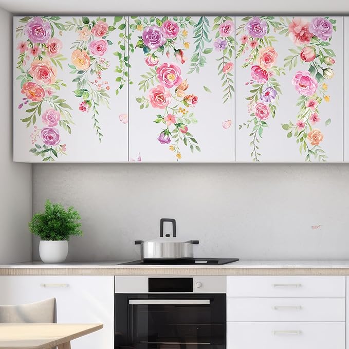 Zonon 6 Pcs Flowers Wall Decals Stickers Vinyl Removable Peel and Stick Colorful Dragonflies Floral Wall Murals Decor for Bedroom Living Room Nursery(Pink Purple Flower)