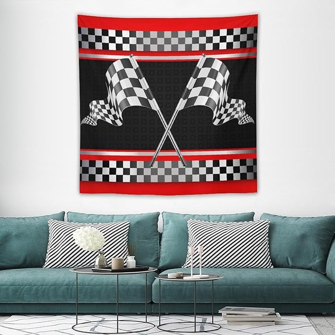 ZhiRain Race Car Flag Tapestry Wall Hanging Abstract Modern Art Racing Car Black White Checked Flag Tapestries Home Decor for Living Room Bedroom Apartment Farmhouse Dorm 60"x60"