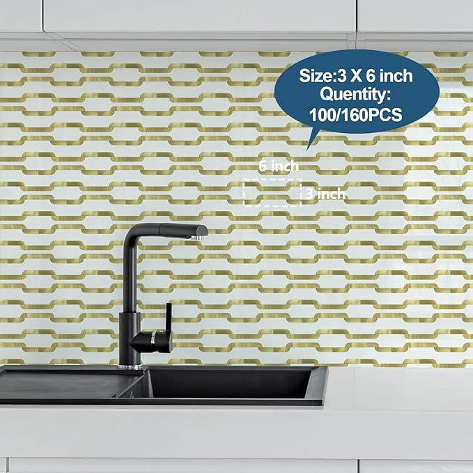 Yipscazo Peel and Stick backsplash 3 x 6 Inches 3D PVC Composite Wall Tile Stick on Backsplash Tile for Kitchen Bathroom, Laundry Room, Fireplace(White with Gold Metal, 2 Pieces)