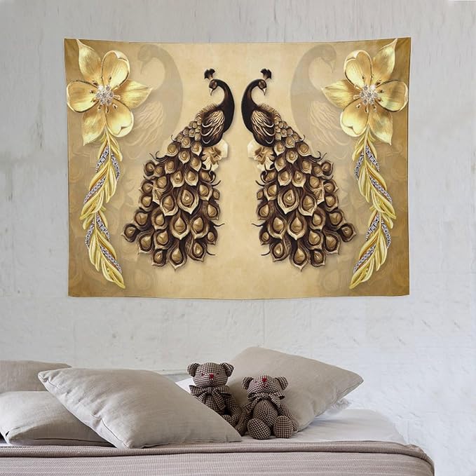 ZhiRain Gold Peacock Tapestry Wall Hanging Vintage Bird Rustic Animal Elegant Flower Luxury Tapestries Home Decor for Living Room Bedroom Farmhouse Apartment Dorm 30"x40"