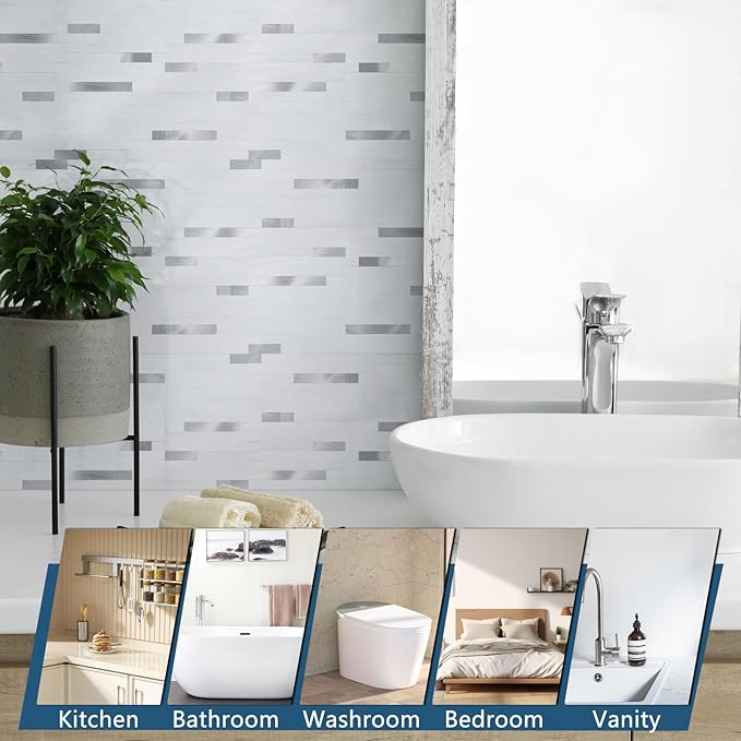 Yipscazo 40 Sheets Peel and Stick Stone Metal Backsplash Tiles, PVC Wall Tiles Stick on Backsplash for Kitchen, Bathroom (6'' X 12'', White with Grey)
