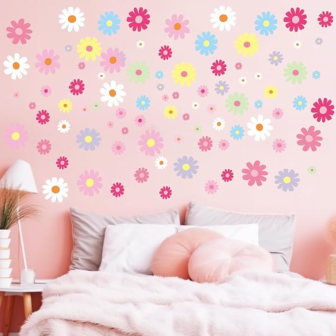 12Sheet Daisy Wall Decals, 180Pcs Cute Flower Wall Decals, Flower Vinyl Walls Decal, Peel and Stick Floral Walls Decal, Bedroom Decor for Girls Bedroom, Nursery, Classroom, Nursery