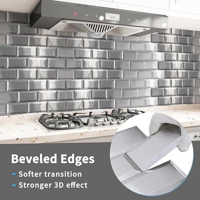 Art3d 100 Pcs Peel and Stick Backsplash Tiles, 3D Textured Metal Stick On Subway Wall Tiles for Kitchen Back Splashes, Bathroom, Laundry Room, 3 x 6 Inch, Stainless