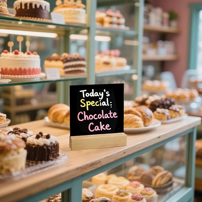 10 Pack Food Labels for Party Buffet with Wooden Stands, Acrylic Mini Chalkboard Signs, 3.9x3.9 inch Blank Black Acrylic Table Signs for Outdoor Wedding Table Numbers, Reserved, Cafe, Menu (Natural)