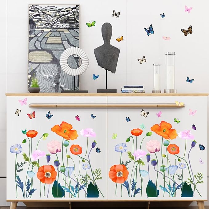 6 Pieces Flowers Wall Decals Vinyl Flowers Wall Stickers Removable Floral Murals Peel and Stick Colorful Flower Decor for Girls Bedroom Living Room Nursery (Orange)