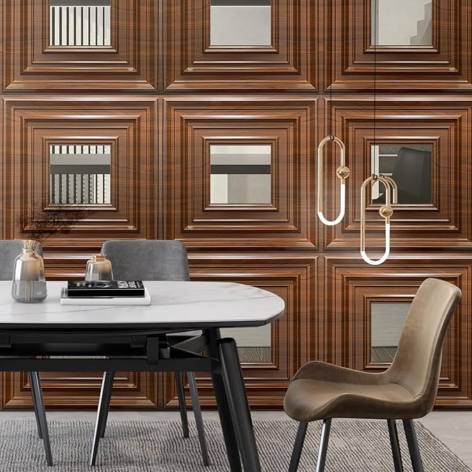 12 Pack PVC Ceiling Tiles 19.7"x19.7" – Silver Mirror & Wood Grain 3D Wall Panels for Wall and Ceiling Decoration,Cover 32.3 Sq.Ft – Waterproof,Lightweigh(Dark Brown, Silver)