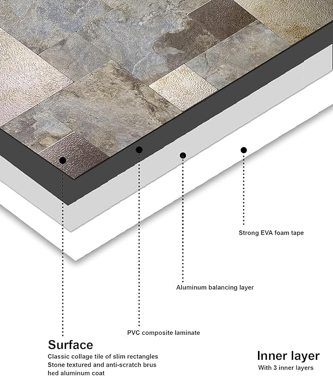 YMMXGE 10-Sheet Peel and Stick Backsplash Stone Tiles, Brushed Aluminum PVC Surface Metal Mosaic Sticker for Kitchen Wall (11.81"x11.81"Per Sheet) (10, Silver Gray)