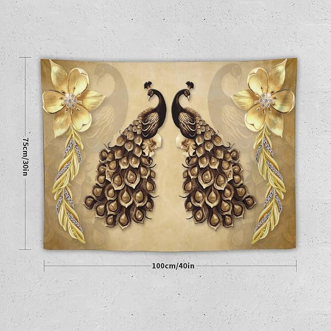 ZhiRain Gold Peacock Tapestry Wall Hanging Vintage Bird Rustic Animal Elegant Flower Luxury Tapestries Home Decor for Living Room Bedroom Farmhouse Apartment Dorm 30"x40"