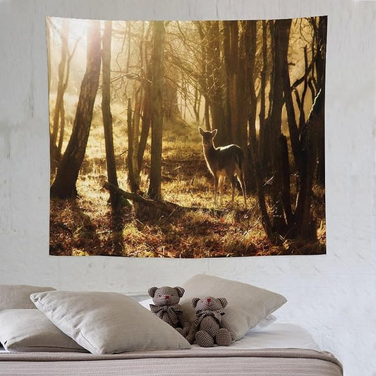 ZhiRain Forest Tapestry Wall Hanging Natural Forest And Deer at Sunset Pattern Tapestries Home Decor for Living Room Bedroom Apartment Farmhouse Dorm 50"x60"