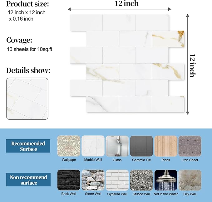 20-Pack Peel and Stick Tile Backsplash 12"X12" PVC Wall Tiles, Stick on Backsplash for Kitchen, Bathroom Tile, Fireplace Décor, Laundry Table, Stair Decals in Vintage Polished Marble