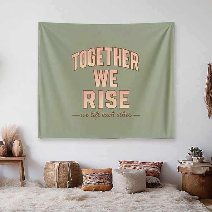 Xolytar Sage Green Tapestry Together We Rise - Preppy Room Decor Aesthetic, Retro Motivational Quote Wall Art for Teen Girls Bedroom, Sorority Dorm, Classroom & Office (50x60)