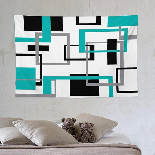 ZhiRain Teal Tapestry Wall Hanging Mid Century Modern Turquoise Abstract Aqua Black Grey Geometric White Backdrop Tapestries Home Decor for Living Room Bedroom Apartment Farmhouse 40"x60"