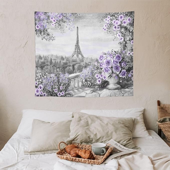 ZhiRain Vintage Paris Tapestry Wall Hanging Eiffel Tower Purple Rose Flower Spring Cityscape Gray Tapestries Home Decor for Living Room Bedroom Apartment Farmhouse Dorm 50"x60"