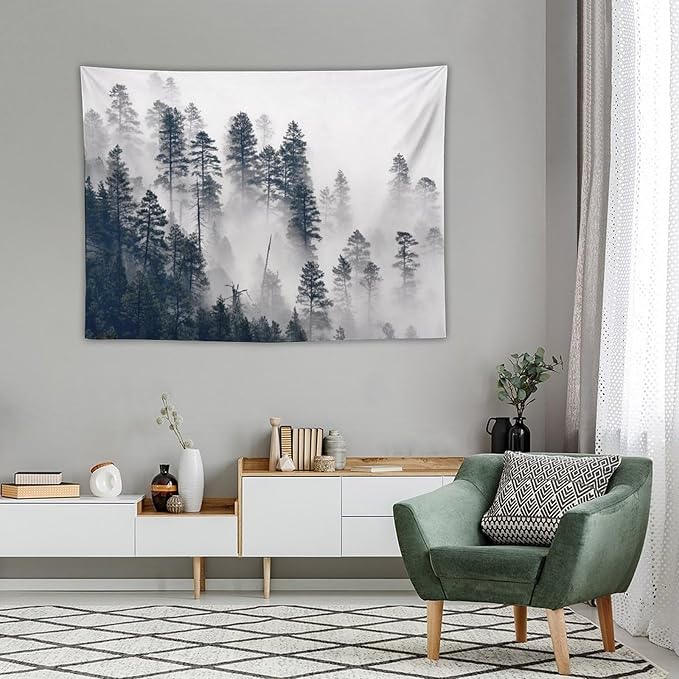 ZhiRain Misty Forest Landscape Tapestry Wall Hanging Wooden Window Forest Mountain Rustic Tapestries Home Decor for Living Room Bedroom Apartment Farmhouse Dorm 30"x40"
