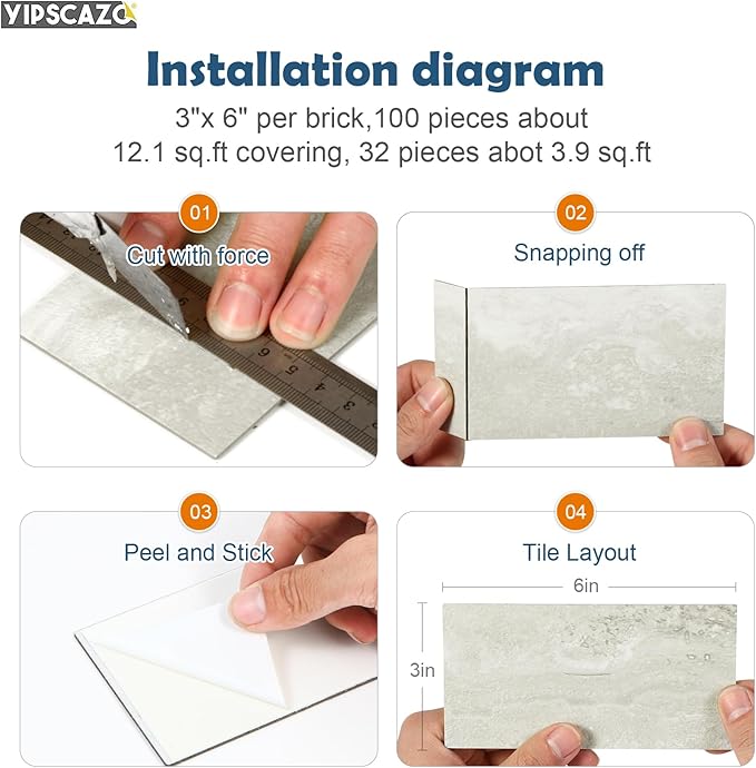 Yipscazo Peel and Stick backsplash 3 x 6 Inches 3D PVC Composite Wall Tile Stick on Backsplash Tile for Kitchen Bathroom, Laundry Room, Fireplace(Cave Stone, 100 Pieces)