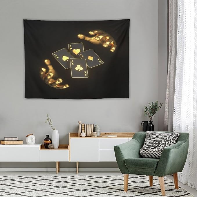 ZhiRain Poker Theme Tapestry Wall Hanging Modern Black Gold Playing Cards Art Printed Tapestries Home Decor for Living Room Bedroom Farmhouse Apartment Dorm 30"x40"