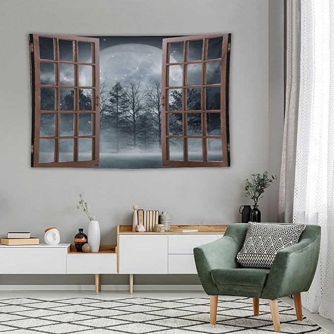 ZhiRain Misty Landscape Tapestry Wall Hanging Dark Black Nature Moon Gothic Tree Scenery Foggy Woodland Tapestries Home Decor for Living Room Bedroom Apartment Farmhouse Dorm 40"x60"