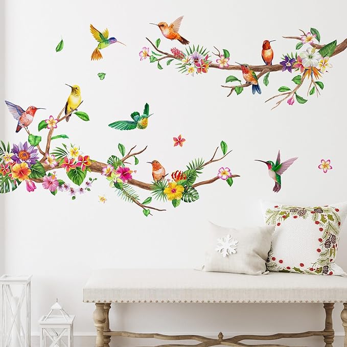Zonon 6 Pcs Flowers Wall Decals Stickers Vinyl Removable Peel and Stick Colorful Dragonflies Floral Wall Murals Decor for Bedroom Living Room Nursery(Hummingbirds)