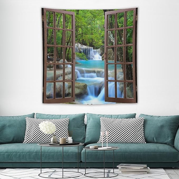 ZhiRain Waterfall Tree Landscape Tapestry Wall Hanging Natural Scenery Forest Garden Spring Stone River Tapestries Home Decor for Living Room Bedroom Apartment Farmhouse Dorm 60"x60"