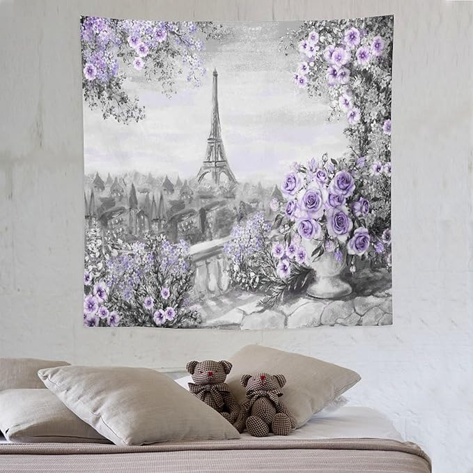 ZhiRain Vintage Paris Tapestry Wall Hanging Eiffel Tower Purple Rose Flower Spring Cityscape Gray Tapestries Home Decor for Living Room Bedroom Apartment Farmhouse Dorm 60"x60"