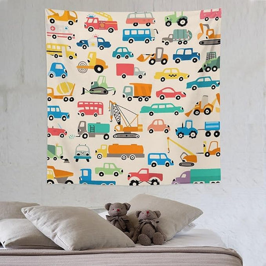 ZhiRain Cartoon Cars Print Tapestry Wall Hanging Cartoon Shovel And Trucks Tapestries Home Decor for Living Room Bedroom Apartment Farmhouse Dorm 60"x60"
