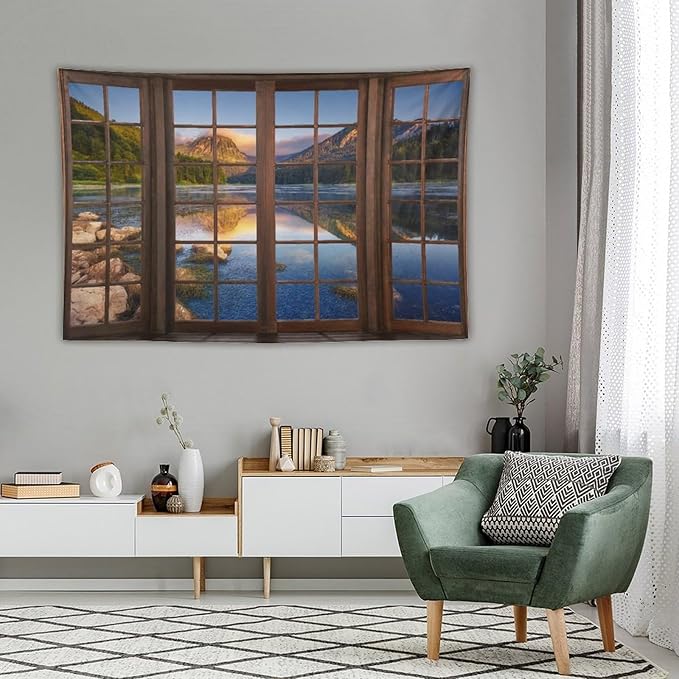 ZhiRain Mountain Scenery Tapestry Wall Hanging Through The Window Beautiful Lake Landscape Tapestries Home Decor for Living Room Bedroom Apartment Farmhouse Dorm 40"x60"