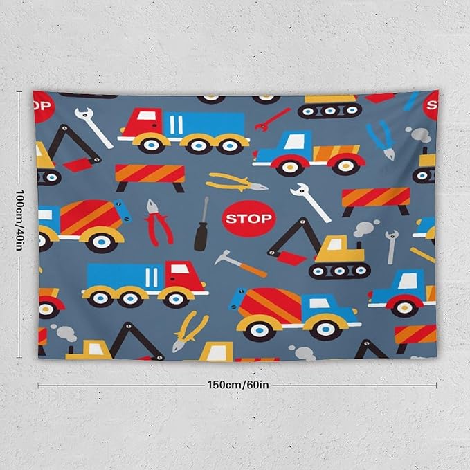 ZhiRain Cartoon Bulldozer Truck Tapestry Wall Hanging for Kids Bedroom, Cartoon Tractor Tapestries Home Decor for Living Room Bedroom Apartment Farmhouse Dorm 40"x60"