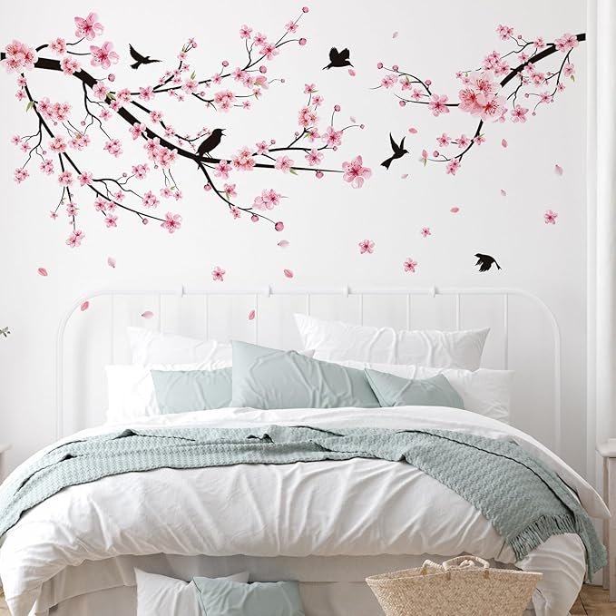 Zonon 6 Pcs Flowers Wall Decals Stickers Vinyl Removable Peel and Stick Colorful Dragonflies Floral Wall Murals Decor for Bedroom Living Room Nursery (Cherry Blossoms)
