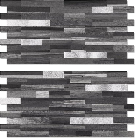 Yipscazo 20 Sheets Peel and Stick Stone Metal Backsplash, PVC Wall Tiles Stick on Tiles for Backsplash Kitchen, Bathroom, Laundry Room, Camper, Fireplace (6'' X 12'', Black Wood)
