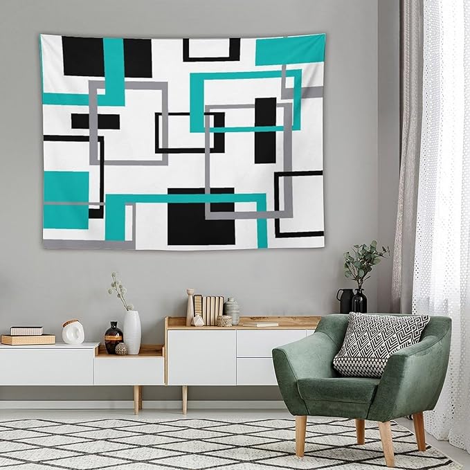 ZhiRain Teal Tapestry Wall Hanging Mid Century Modern Turquoise Abstract Aqua Black Grey Geometric White Backdrop Tapestries Home Decor for Living Room Bedroom Apartment Farmhouse 60"x80"
