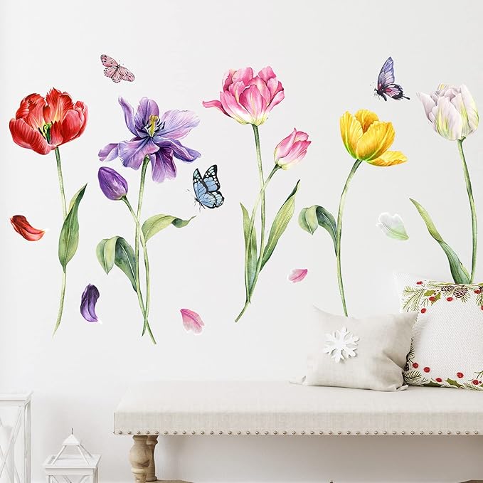 Zonon 6 Pcs Flowers Wall Decals Stickers Vinyl Removable Peel and Stick Colorful Dragonflies Floral Wall Murals Decor for Bedroom Living Room Nursery(Tulip)