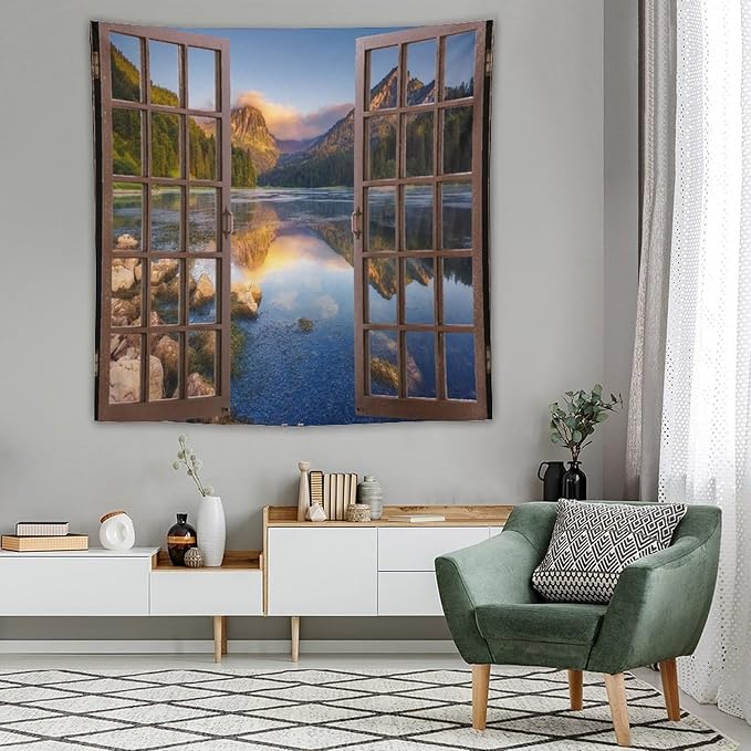 ZhiRain Mountain Scenery Tapestry Wall Hanging Wooden Window View Beautiful Lake Landscape Tapestries Home Decor for Living Room Bedroom Apartment Farmhouse Dorm 60"x60"