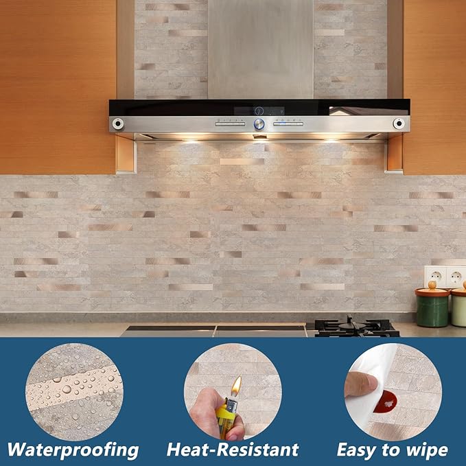Yipscazo 40 Sheets PVC Wall Tiles Stick on Tiles for Backsplash Kitchen, Bathroom, Laundry Room, Camper, Fireplace (6'' X 12'', Stone)