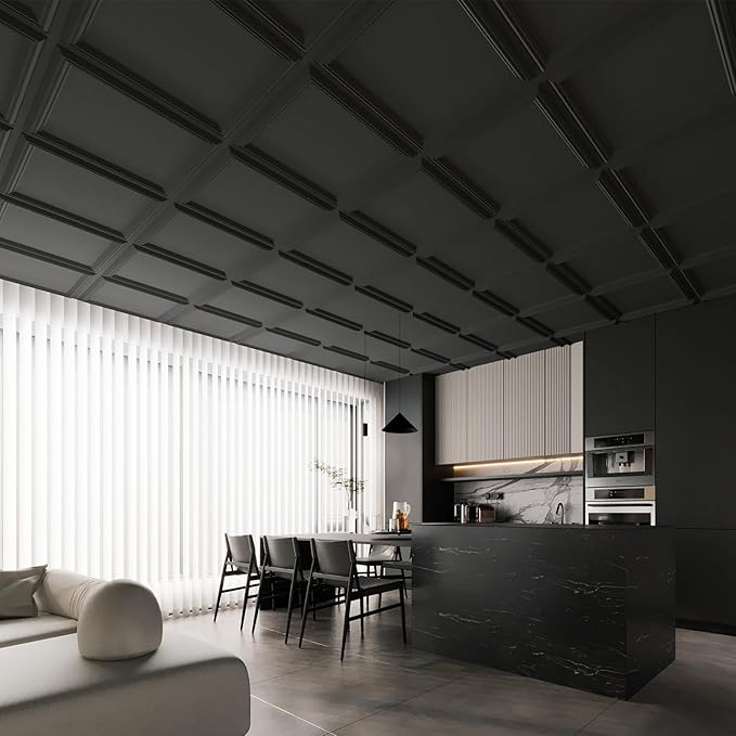 Art3d 24-Pack Drop Relief Ceiling Tiles for Home, Office & Commercial Space, 24 x 24in PVC Waterproof 3D Wall Panels Cover 96 Sq. Ft, Black