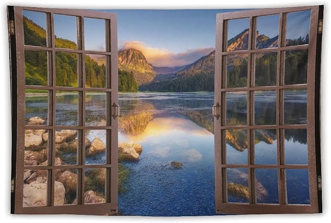 ZhiRain Mountain Scenery Tapestry Wall Hanging Wooden Window View Beautiful Lake Landscape Tapestries Home Decor for Living Room Bedroom Apartment Farmhouse Dorm 40"x60"