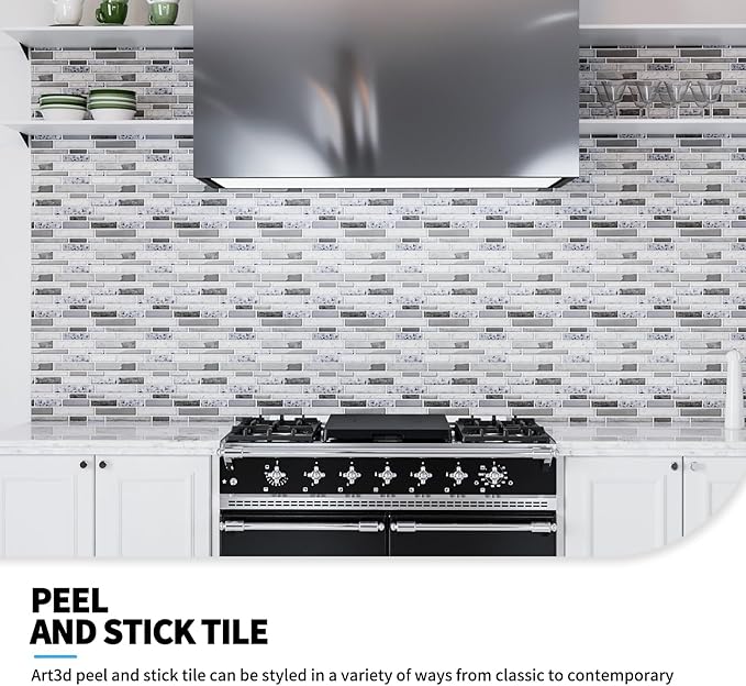 Art3d 10 Sheets Peel and Stick Brick Kitchen Backsplash Self-Adhesive Wall Tile Stone Design, Grey Marble