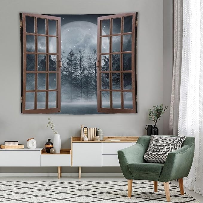 ZhiRain Misty Landscape Tapestry Wall Hanging Dark Black Nature Moon Gothic Tree Scenery Foggy Woodland Tapestries Home Decor for Living Room Bedroom Apartment Farmhouse Dorm 50"x60"