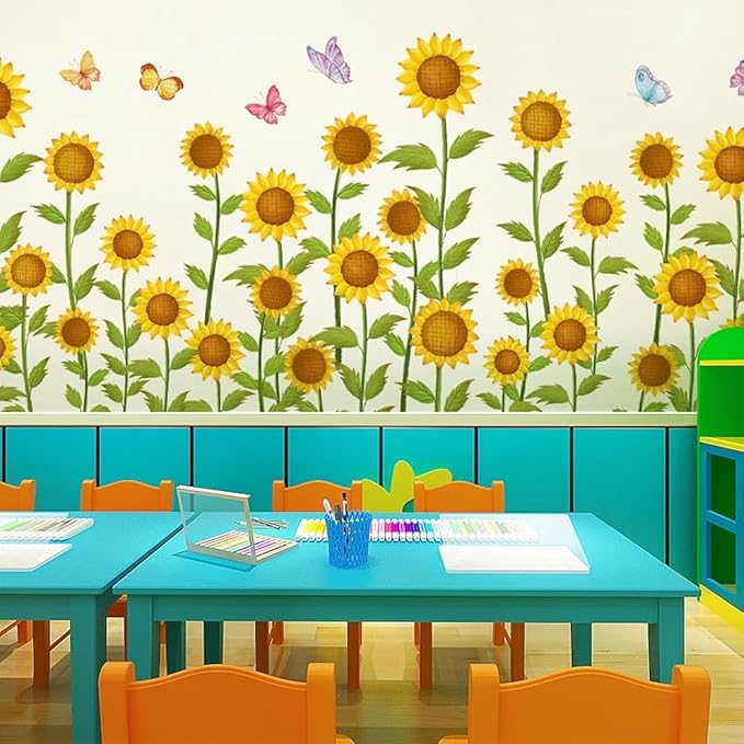 12x36 Inch Set - Sunflower Themed Floral Wall Decals for Decor, Self Adhesive Vinyl for Home Decor for Nursery, Home- Gift for Christmas, Thanksgiving (Floral Design #2)