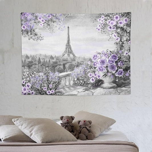 ZhiRain Vintage Paris Tapestry Wall Hanging Eiffel Tower Purple Rose Flower Spring Cityscape Gray Tapestries Home Decor for Living Room Bedroom Apartment Farmhouse Dorm 30"x40"