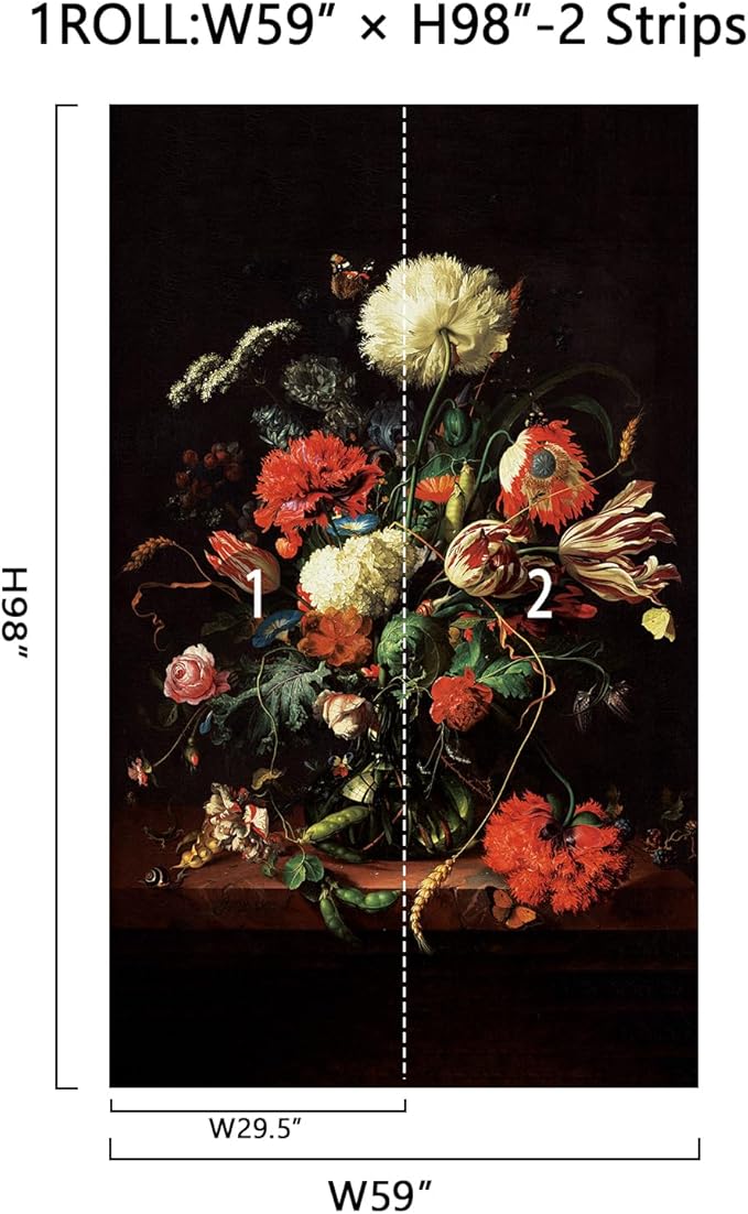 Zeeko Dark Floral Peel and Stick Wall Murals 59" W x 98" H Vintage 3D Flowers Wallpaper Self Adhesive Nature Botanical Wall Art for Bedroom TV Background Living Room Decor