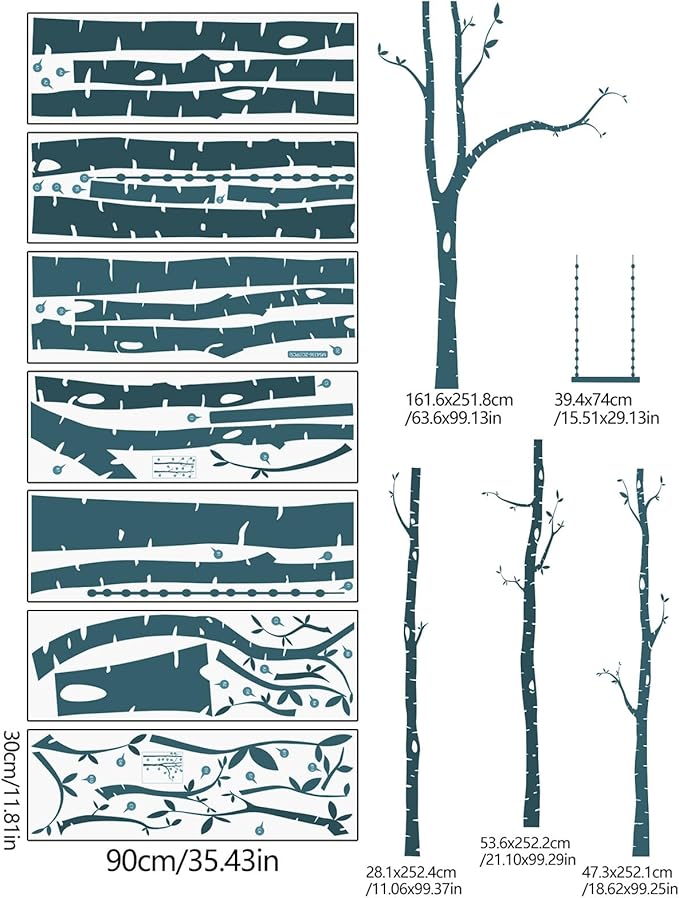 Yeysynana Large Tree Wall Decals Huge Size Birch Tree Forest Wall Art Peel and Stick DIY Wall Stickers for Nursery Kids Bedroom Living Room Wall Decor (Dark Green)