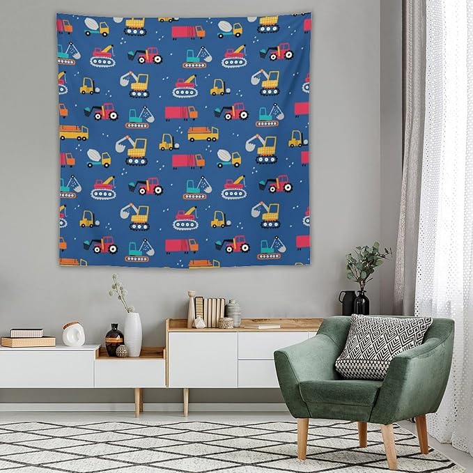 ZhiRain Cartoon Cars Print Tapestry Wall Hanging for Kids Room Cartoon Shovel And Trucks Blue Tapestries Home Decor for Living Room Bedroom Apartment Farmhouse Dorm 60"x60"