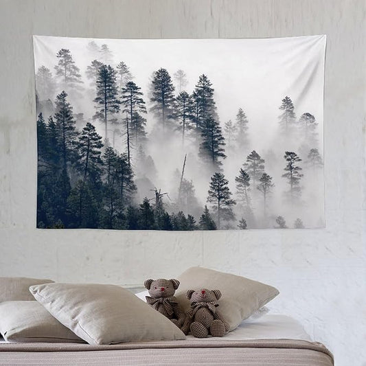 ZhiRain Misty Forest Landscape Tapestry Wall Hanging Wooden Window Forest Mountain Rustic Tapestries Home Decor for Living Room Bedroom Apartment Farmhouse Dorm 40"x60"