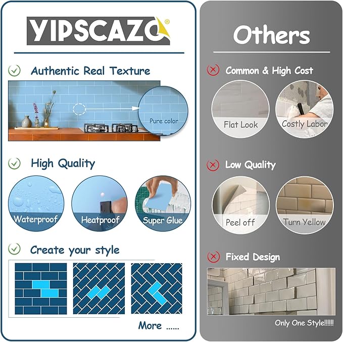 Yipscazo Peel and Stick backsplash 3 x 6 Inches 3D PVC Composite Wall Tile Stick on Backsplash Tile for Kitchen Bathroom, Laundry Room, Fireplace(Blue, 100 Pieces)